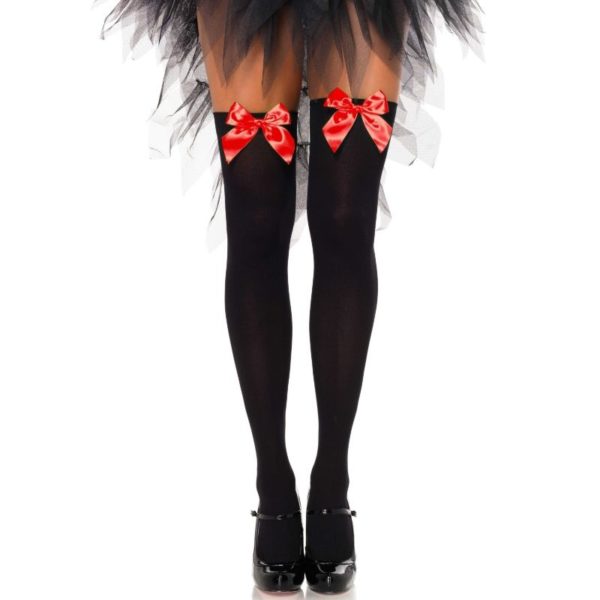 LEG AVENUE BLACK NYLON THIGH HIGHS WITH RED BOW ONE SIZE