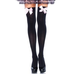 LEG AVENUE BLACK NYLON THIGH HIGHS WITH PINK BOW ONE SIZE